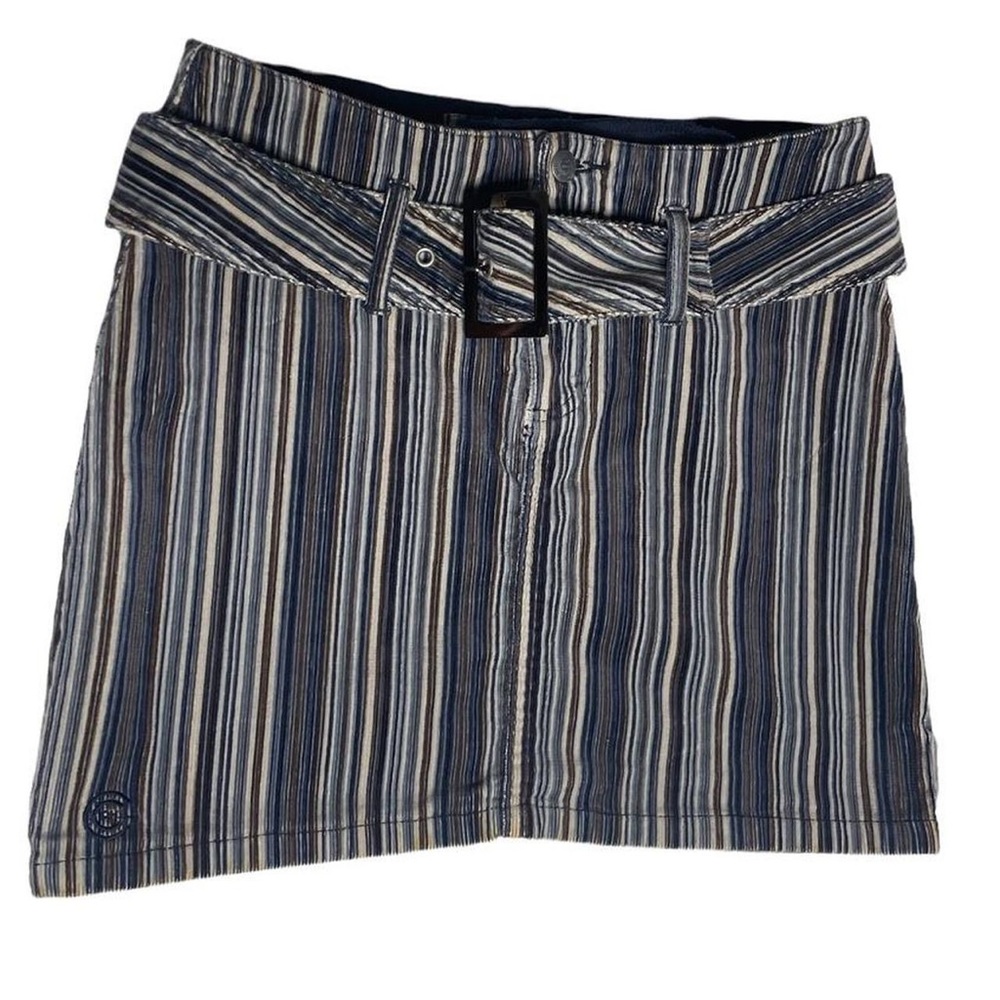 Y2K CHILLIPEPPER 🌶 Courdoroy Blue Brown & White Pin Stripped Belted Mini skirt